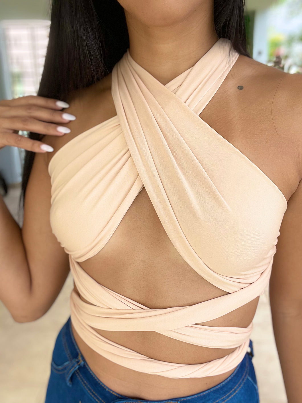 Nude cross top